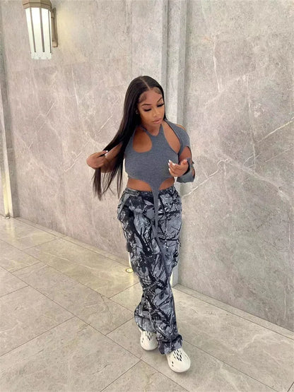 Summer Outfits y2k Clothes Streetwear Print Pants For Women Gray Casual Trousers Baggy High Waist Wide Leg Pants Trousers