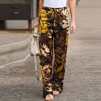 Women Casual Long Pants Print Lace Up Elastic Waist Pant Straight Spliced Pockets Lady Streetwear Elegant Lady Summer 2025