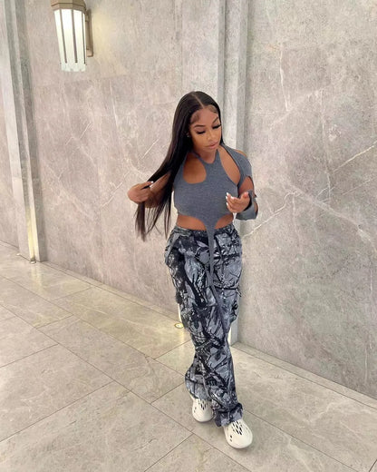 FAGADOER Casual Camouflage Cargo Pants Fashion Y2K Street Wide Leg Pants Women High Waisted Button Pocket Trousers Bottoms 2023