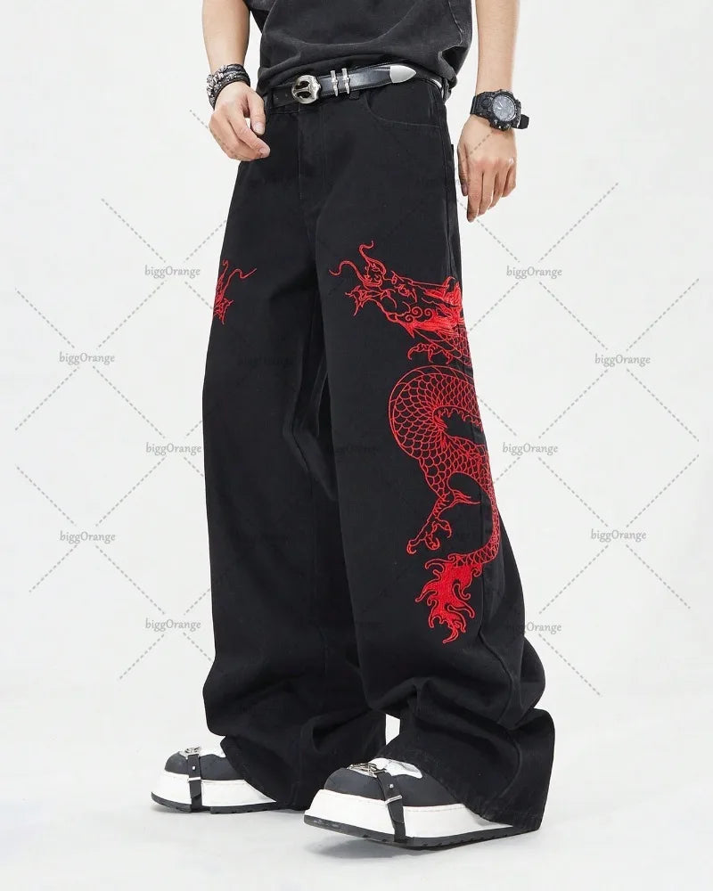 American New Retro Oriental Dragon Design Fashionable Loose Jeans Men Street Hip-hop Casual Straight Wide-leg Pants Women