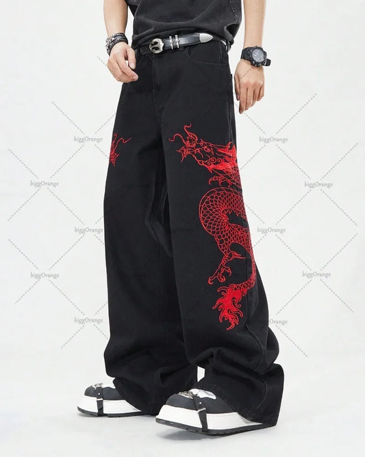 American New Retro Oriental Dragon Design Fashionable Loose Jeans Men Street Hip-hop Casual Straight Wide-leg Pants Women