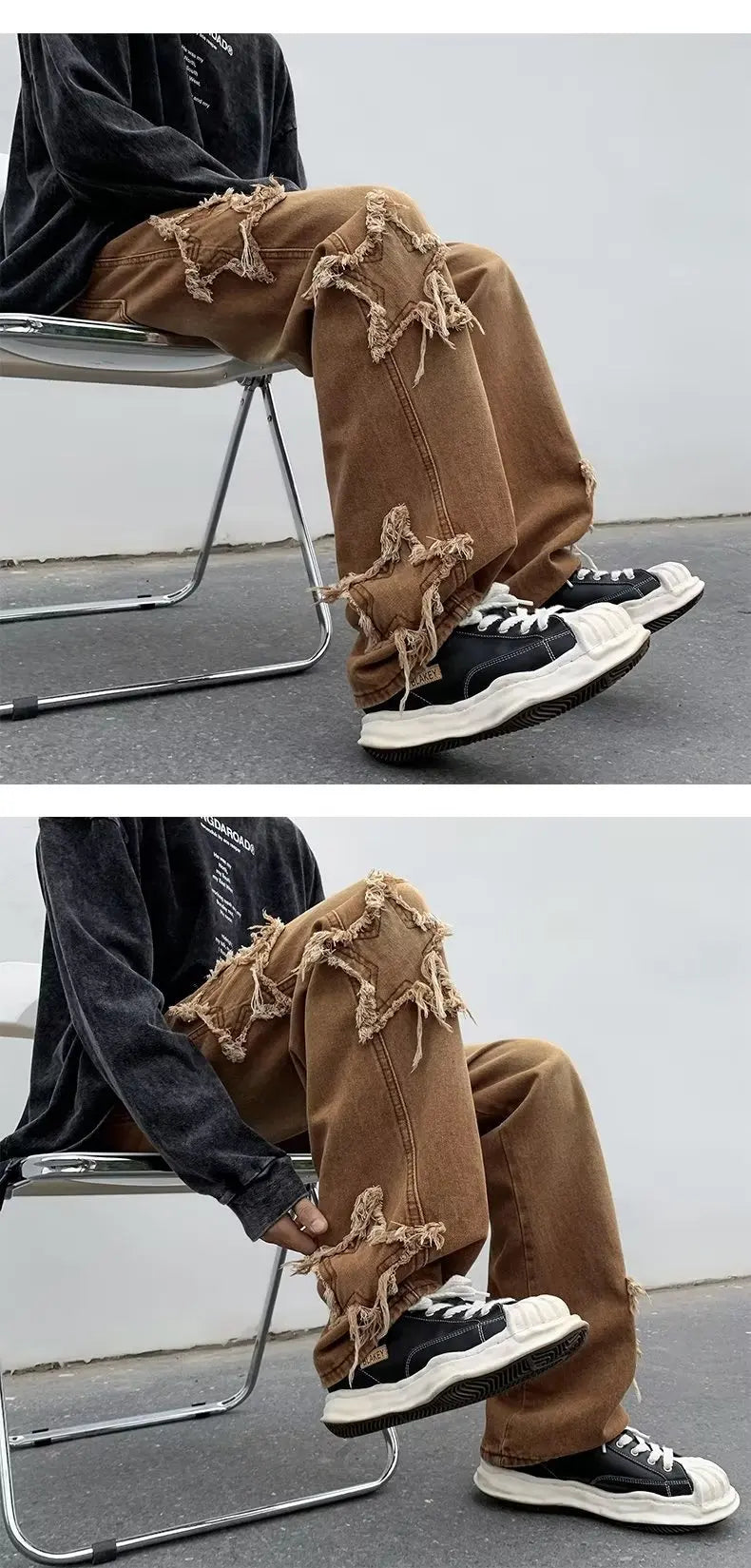 2025 New Fashion Stars Towel Embroidery Brown Men Jeans Pants Y2K Clothes Straight Hip Hop Cotton Trousers Pantalon Homme
