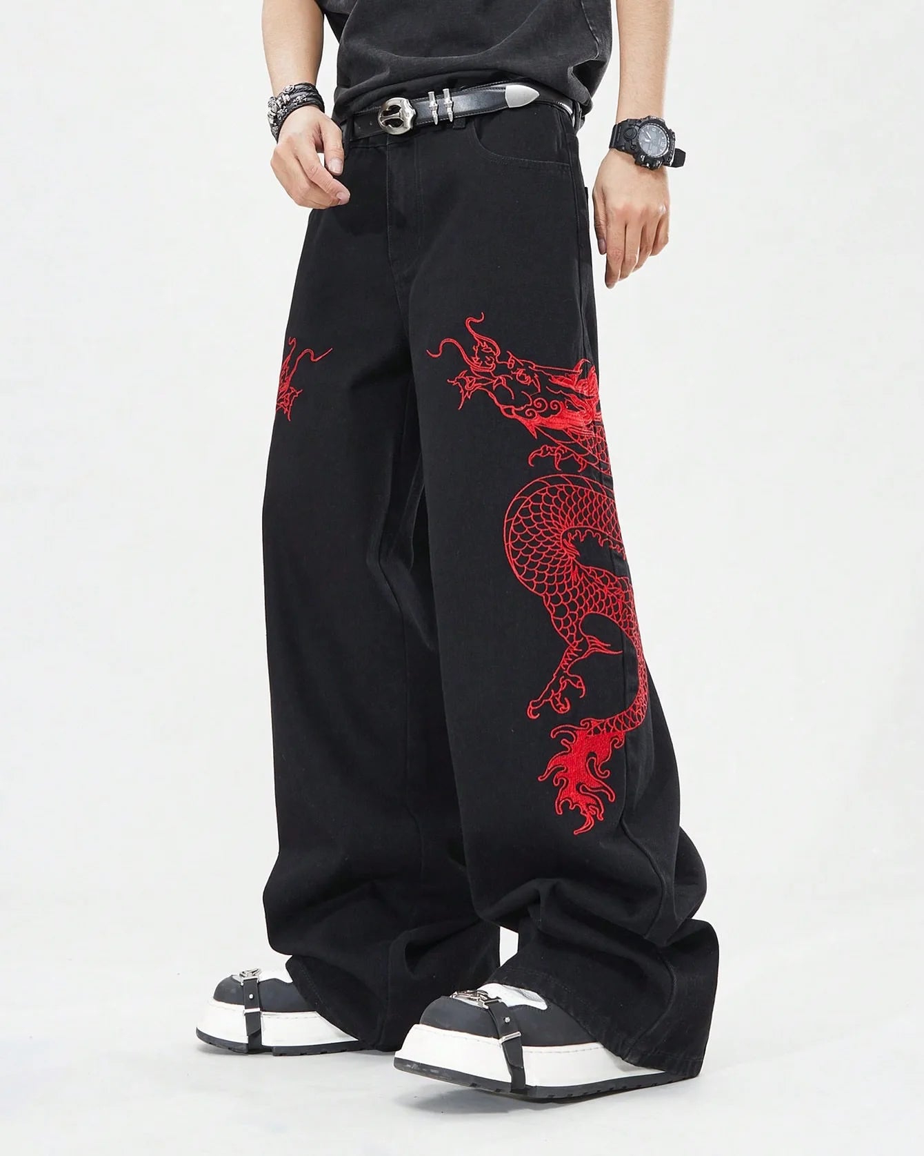 American New Retro Oriental Dragon Design Fashionable Loose Jeans Men Street Hip-hop Casual Straight Wide-leg Pants Women
