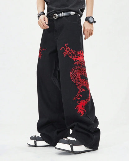 American New Retro Oriental Dragon Design Fashionable Loose Jeans Men Street Hip-hop Casual Straight Wide-leg Pants Women