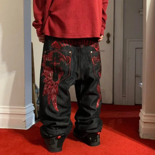 High Street Gothic Embroidered Men Black Red Pattern Y2K High Waist Jeans American Retro Street Couple Casual Pants