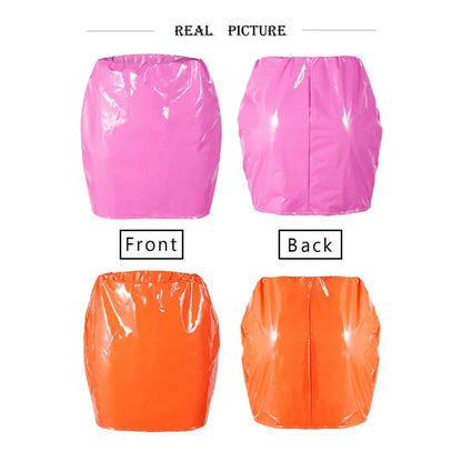 Women High Waist Pu Leather Skirts Solid Black Red Orange Sexy Pencil Mini Skirts