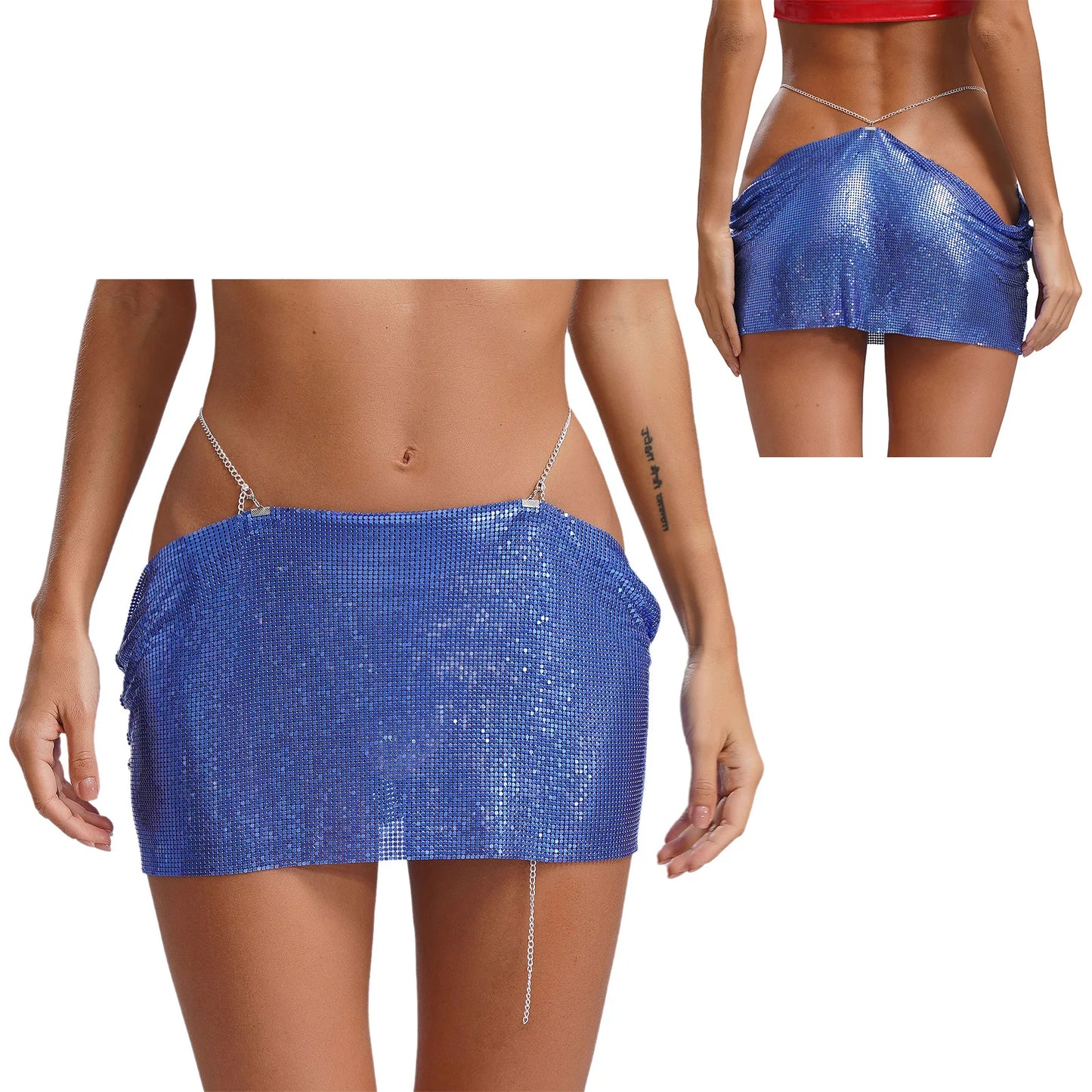 Women Sparkly Sequins Mini Skirt Low Waist Metal Chains Waistband Glitter Skirts Sexy Miniskirt Nightclub Rave Party Clubwear