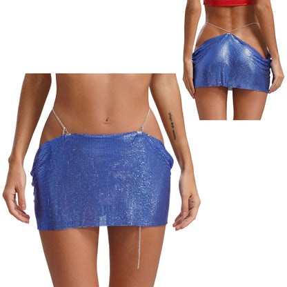 Women Sparkly Sequins Mini Skirt Low Waist Metal Chains Waistband Glitter Skirts Sexy Miniskirt Nightclub Rave Party Clubwear