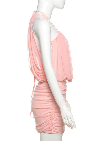 Weird Puss Sexy Mesh Dress Women Elegant Backless Ruched Draping Summer Strapless Summer Beach Vacation Midnight Party Bodycon