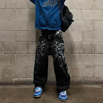 2025 New Jeans embroidered hip-hop wide-leg floor-moving Y2K mid-waist gothic individual men's pants American retro fashion★★★★