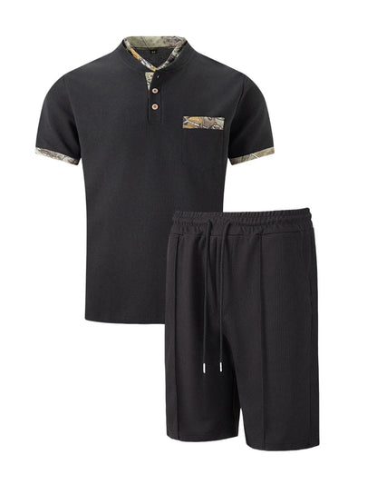 2025 Men Europe and the United States new summer Waffle solid color zip-up lapel short-sleeve suit shorts two sets