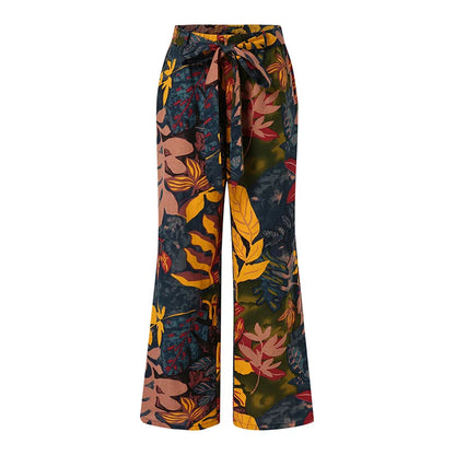 Women Casual Long Pants Print Lace Up Elastic Waist Pant Straight Spliced Pockets Lady Streetwear Elegant Lady Summer 2025