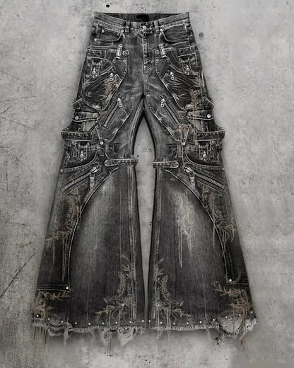 European and American oversized pocket washed wide leg straight leg jeans men's y2k Harajuku high street denim wide leg pants