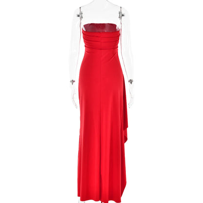 Cryptographic Off Shoulder Elegant High Rise Split Maxi Dress Club Outfits for Women Sexy Strapless Evening Dresses Ruched Gown