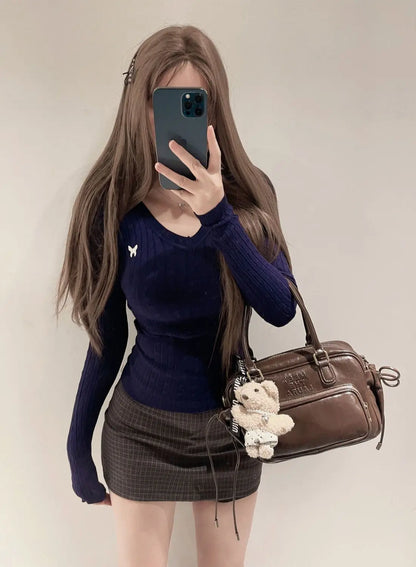 Casual V Neck White Pullovers Women Sweaters Autumn Winter Basic Long Sleeve Y2k Clothes Korean Pink Grey Ladies Tops Jumpers