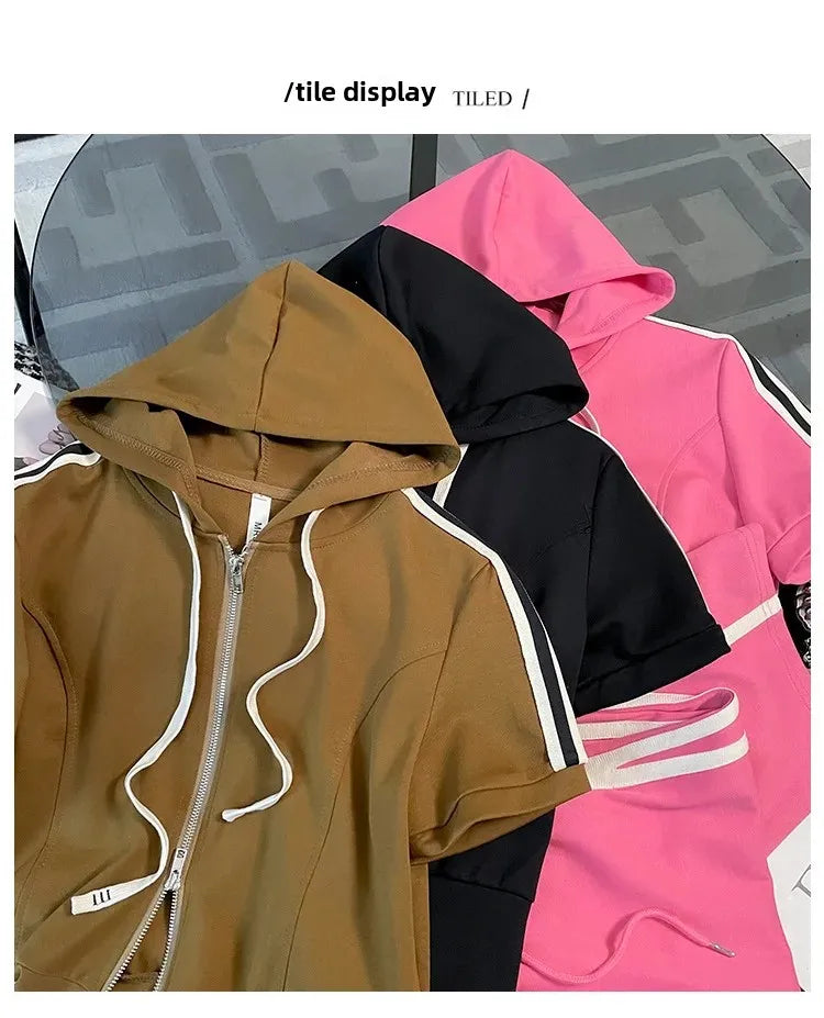 Korean Style Women's Sportswear Summer 2024 Trendy Age-Reducing Slimming Elegant Short Sleeves Hooded Top 2-Piece Set