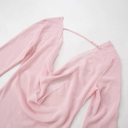 Sexy Deep V-Neck Nightgown Trendy Pink Backless Flare sleeve Sheer Mini Dress Women's Sensual Clothing Sleepwear Loungewear Pjs