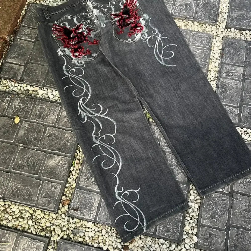 Streetwear Y2K Gothic Denim Trousers Harajuku Punk Dinosaur Embroidery Washed Jeans Hip Hop Wide Leg Oversized Jeans Mens Womens