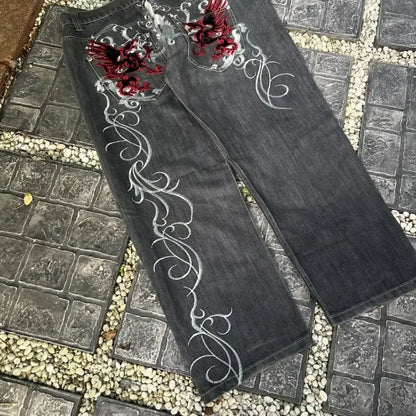 Streetwear Y2K Gothic Denim Trousers Harajuku Punk Dinosaur Embroidery Washed Jeans Hip Hop Wide Leg Oversized Jeans Mens Womens