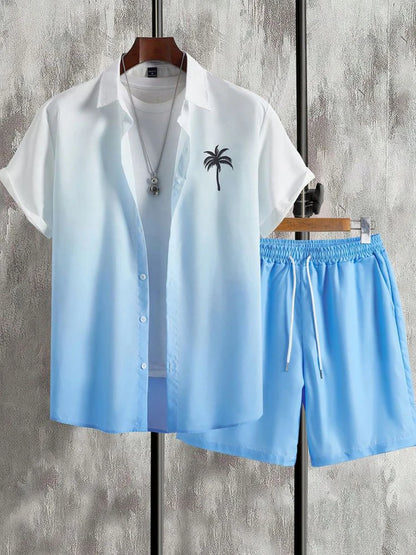 Coconut Tree Print Men's Shirt Gradient Short Sleeve And Beach Shorts Sets Summer Casual Loose Shirts Hawaiian Style Man Outfit
