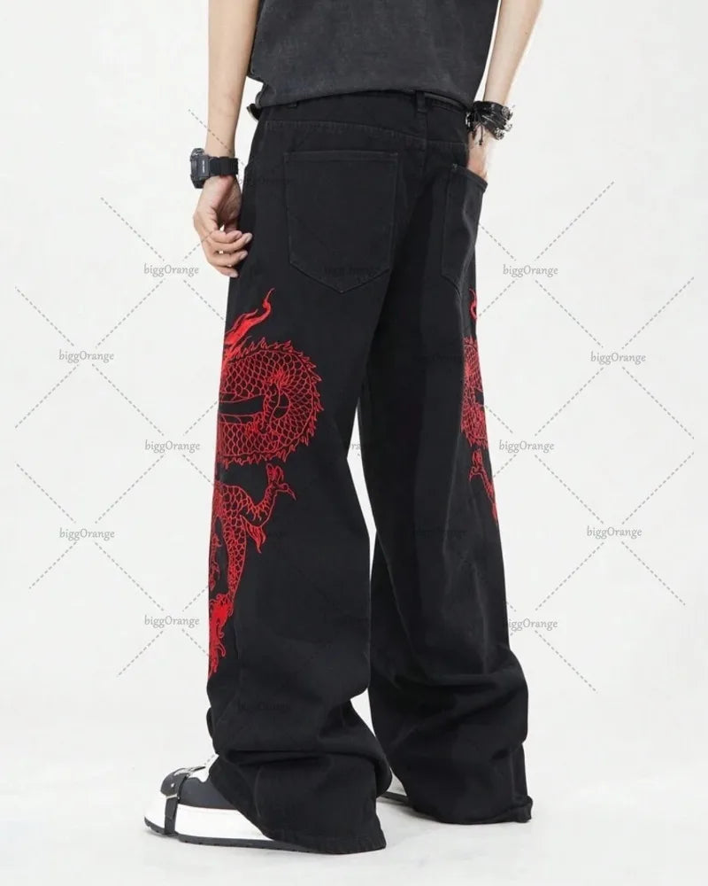 American New Retro Oriental Dragon Design Fashionable Loose Jeans Men Street Hip-hop Casual Straight Wide-leg Pants Women