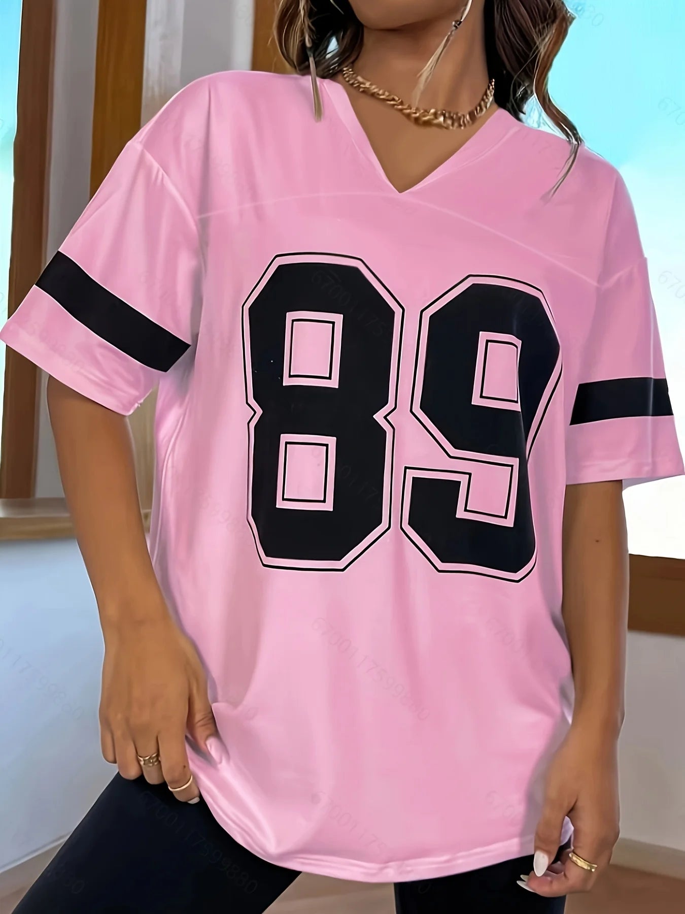 Women's V-Neck 89 Pattern T-Shirt With Stripes Casual Short-Sleeved Top Suitable For Summer Loose And Quick-Drying Sporty Style