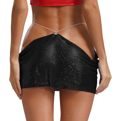 Women Sparkly Sequins Mini Skirt Low Waist Metal Chains Waistband Glitter Skirts Sexy Miniskirt Nightclub Rave Party Clubwear