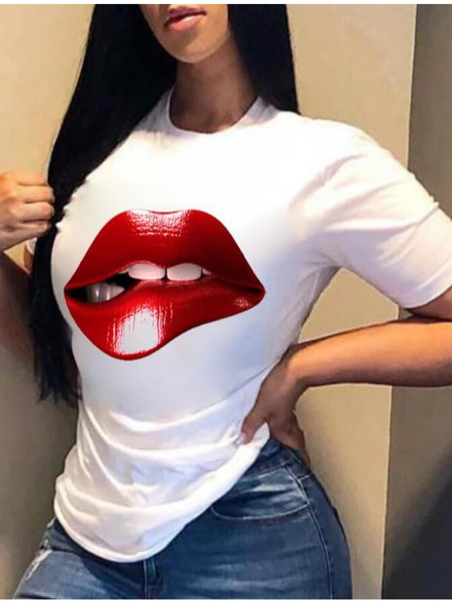 Women T Shirt Letter Lips Cartoon Print Fashion Funy Clothes Tees Lady