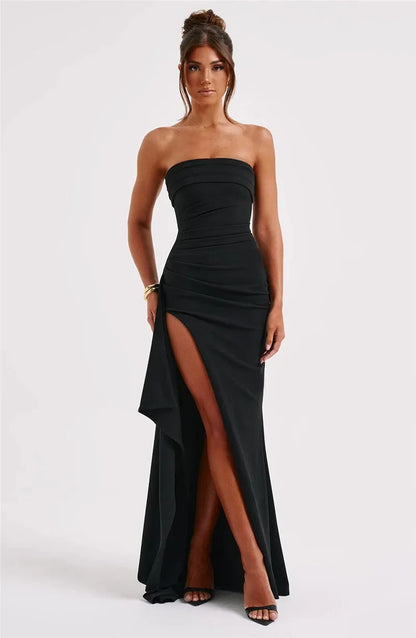 Mozision Strapless Backless High Split Maxi Dress Women Fashion Off-shoulder Sleeveless Bodycon Club Party Long Dress Elegant