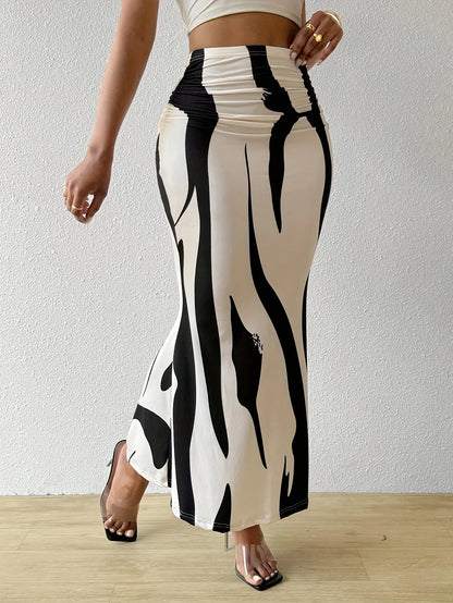 Long Skirts For Women Dressy Casual Graphic Zebra Print Pleated Skirts Spring New Fashion Elastic High Waist Geometry Streetwear