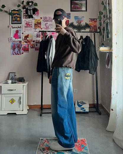 Harajuku Embroidered Baggy Jeans Men Women Hip Hop Vintage Black Wash Baggy Jeans Low Rise Wide Leg Pants American Y2K Clothes