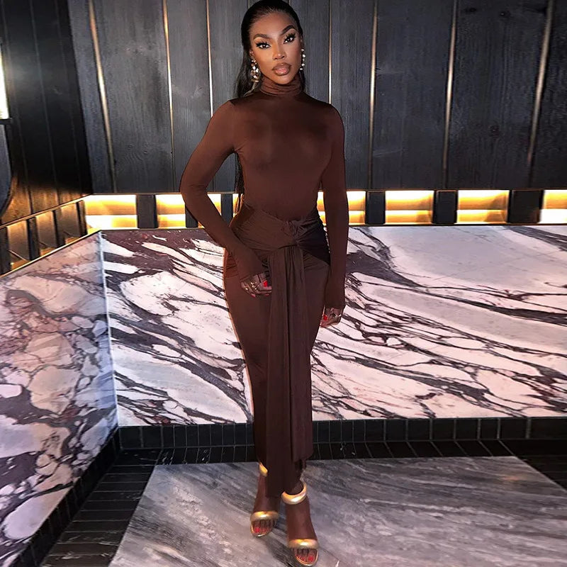 CM.YAYA Women Full Sleeve Turtleneck Ribbon Ruched Long Maxi Dress 2025 Spring Sexy Street Slim Evening Night Club Party Dresses