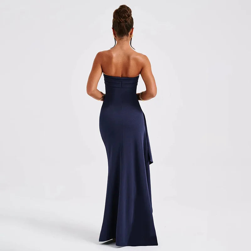 Cryptographic Off Shoulder Elegant High Rise Split Maxi Dress Club Outfits for Women Sexy Strapless Evening Dresses Ruched Gown