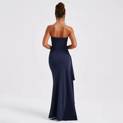 Cryptographic Off Shoulder Elegant High Rise Split Maxi Dress Club Outfits for Women Sexy Strapless Evening Dresses Ruched Gown
