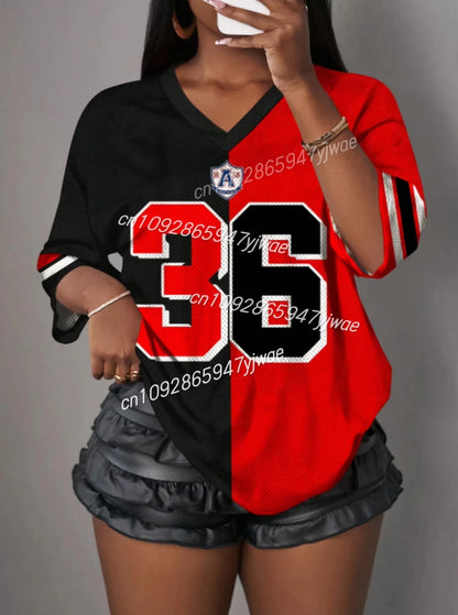 2025 Color block Number 36 T Shirt For  Women Mesh fabric Striped V-Neck Tee Summer  Harajuku Trend Short Sleeve Streetwear Tops