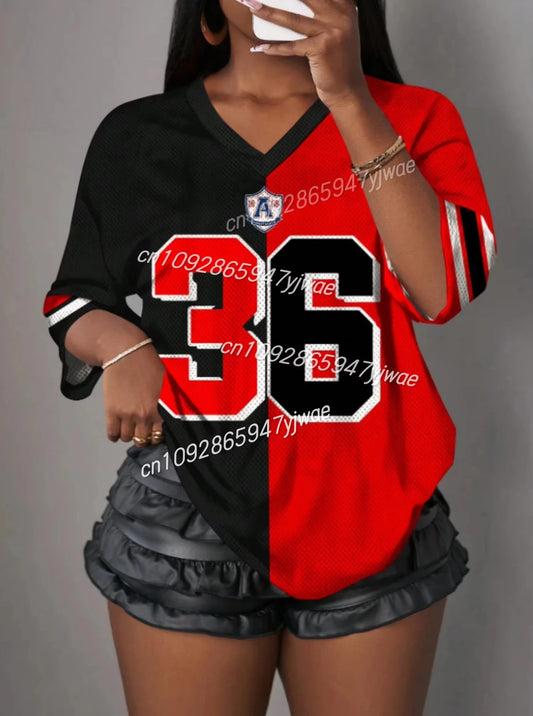2025 Color block Number 36 T Shirt For  Women Mesh fabric Striped V-Neck Tee Summer  Harajuku Trend Short Sleeve Streetwear Tops