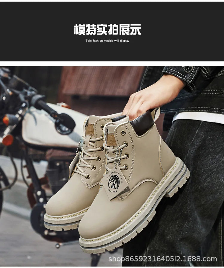 Men's Boots Lace Up 2024 Winter New High Top Leisure All-match Men's Casual Boots Non-slip Trend Rubber Men Flat Boots