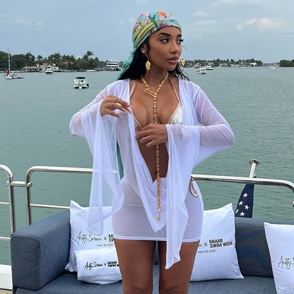 Joskaa Women's 2025 Summer Sheer Mesh Mini Dress Sexy Swing Collar Full Sleeve Irregular Backless Vestidos Vacation Beachwear