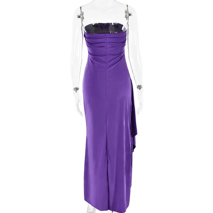Cryptographic Off Shoulder Elegant High Rise Split Maxi Dress Club Outfits for Women Sexy Strapless Evening Dresses Ruched Gown