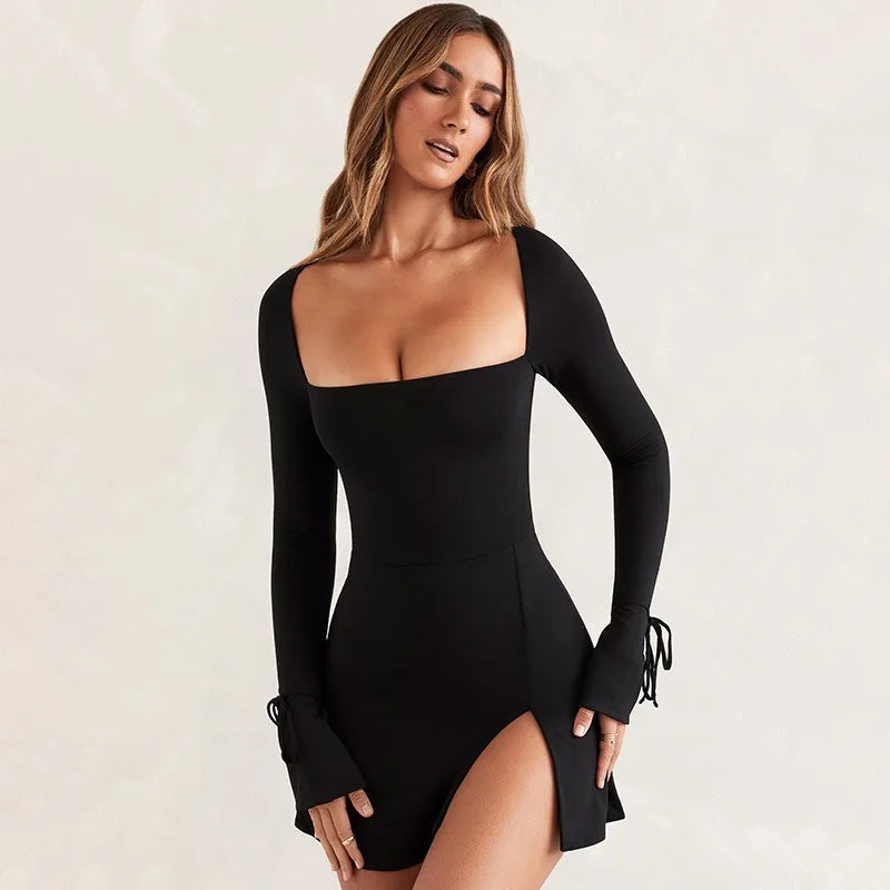 Spring New Mini Dresses Women Streetwear Fashion Long Sleeves Lace-up Split Dress Black Sexy Elegant Casual Slim Dresses Female