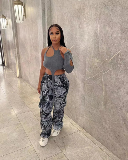 FAGADOER Casual Camouflage Cargo Pants Fashion Y2K Street Wide Leg Pants Women High Waisted Button Pocket Trousers Bottoms 2023