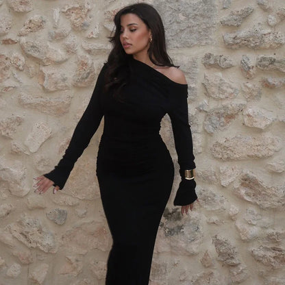 TARUXY White Skew Collar Long Sleeve Maxi Dress For Women 2024 Autumn Winter New Bodycon Elegant Party Dress Female High Waist