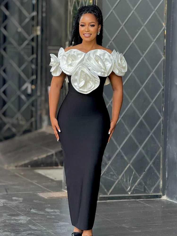 PB 2024 Elegant  3D Flowers Diamond Bra Bandage Maxi Dress Off Shoulder One Line Neck Sleeveless Women Celebrity Club Dress