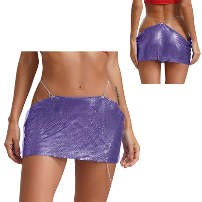 Women Sparkly Sequins Mini Skirt Low Waist Metal Chains Waistband Glitter Skirts Sexy Miniskirt Nightclub Rave Party Clubwear