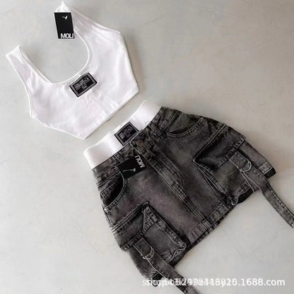 Euphoria Women Vintage Y2K Style High Street Pockets Sexy Skirts 2025 Spring Casual High Waist Vintage Hotsweet Mini Denim Skirt