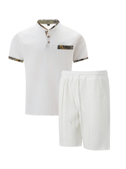 2025 Men Europe and the United States new summer Waffle solid color zip-up lapel short-sleeve suit shorts two sets