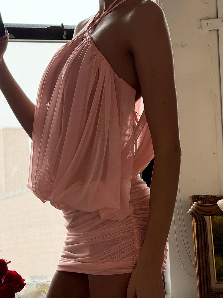 Weird Puss Sexy Mesh Dress Women Elegant Backless Ruched Draping Summer Strapless Summer Beach Vacation Midnight Party Bodycon