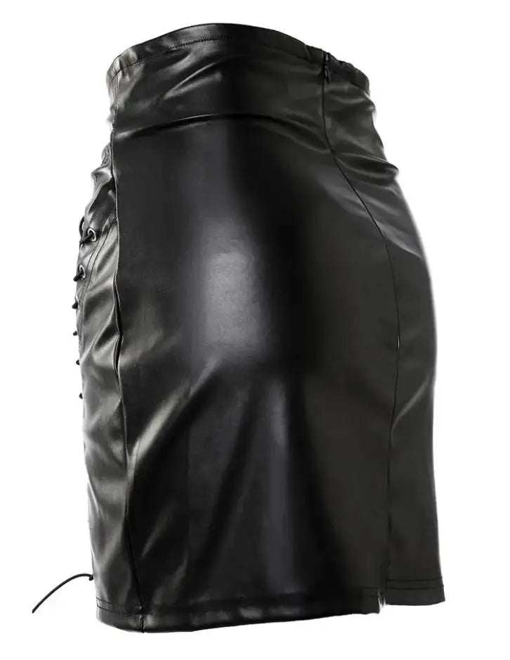 Lace-Up PU Leather Skirt for Woman 2023 New Fashion High Waist Sexy Eyelet Skinny Solid Color Bodycon Mini Skirts Night Out