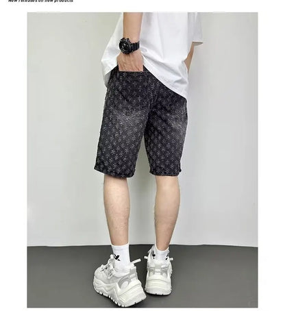Fashion Casual Summer Light Blue Distressed Men Denim Shorts Smart Straight Leg Loosen Male High Street Niche Design Tide Shorts