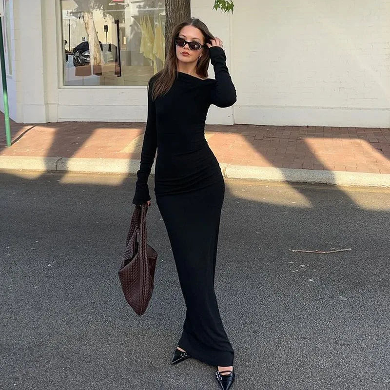 TARUXY White Skew Collar Long Sleeve Maxi Dress For Women 2024 Autumn Winter New Bodycon Elegant Party Dress Female High Waist